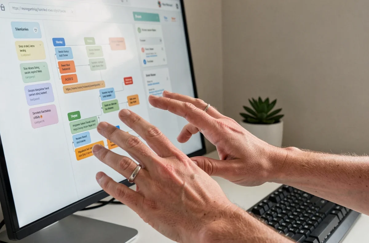 Mains interagissant avec un logiciel de plan de site web sur écran tactile dans un bureau minimaliste