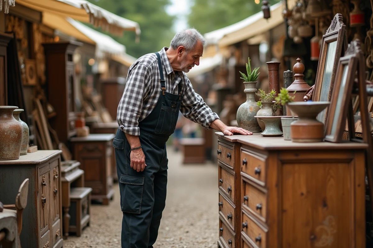 Homme examinant une commode ancienne dans un marché aux puces en plein air avec des meubles d'occasion