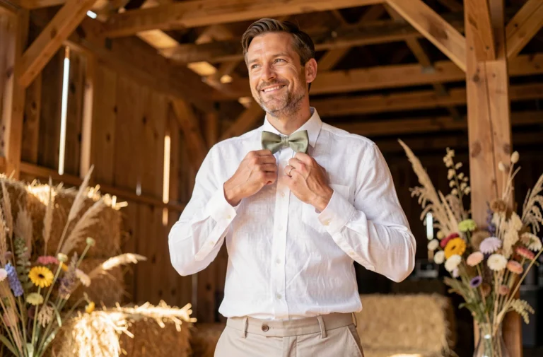 Marié en chemise en lin blanc ajustant un nœud papillon vert sauge fait main dans une grange rustique décorée pour un mariage champêtre