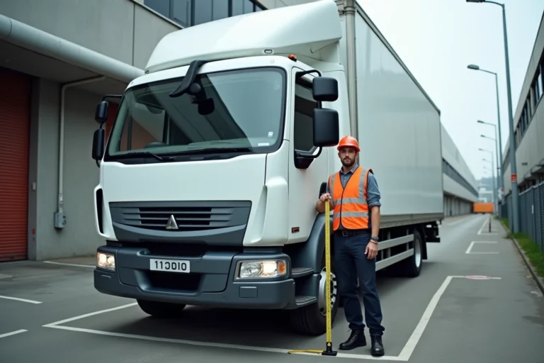 Technicien logistique mesurant la largeur d'un grand fourgon utilitaire blanc dans une zone de chargement urbaine