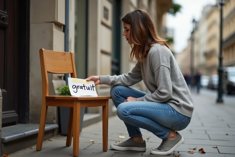 Femme inspectant une chaise en bois laissée gratuitement sur un trottoir parisien avec une pancarte 'gratuit'