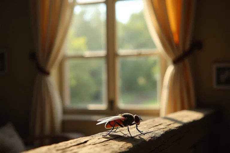 Mouche posée sur un rebord de fenêtre en bois ancien dans une maison de campagne, symbolisant les interprétations spirituelles liées à la présence des mouches