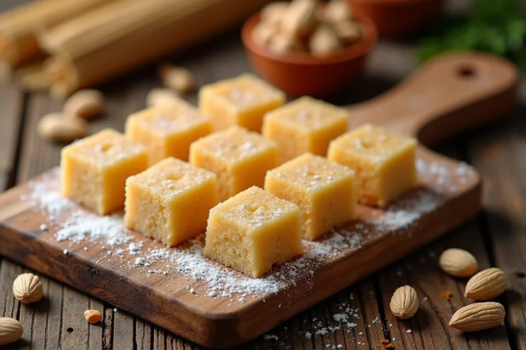 Paçoca brésilienne fraîchement démoulée sur une planche en bois rustique, texture granuleuse dorée avec cacahuètes torréfiées et sucre glace