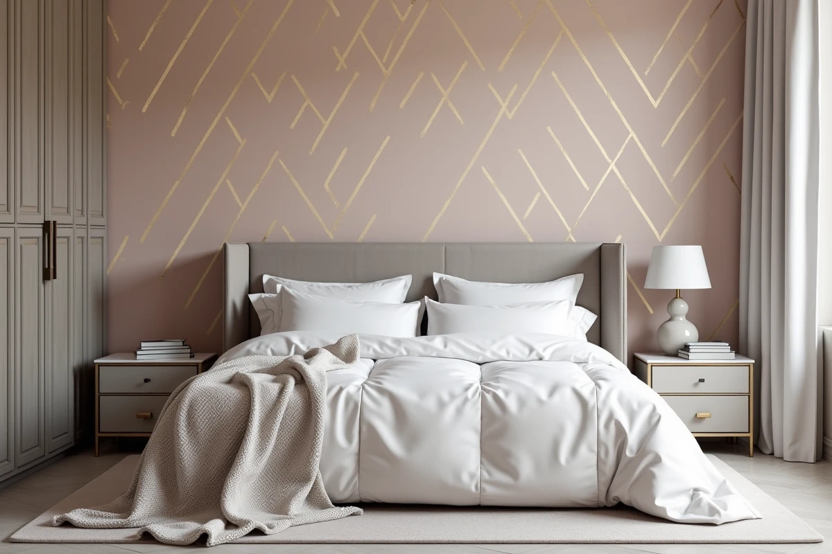 Chambre élégante avec papier peint Art Déco géométrique rose poudré et or, lit king-size en velours gris et literie blanche