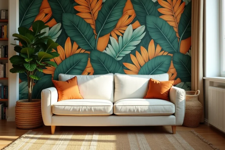 Salon parisien avec papier peint botanique tropical à grandes feuilles vertes et ocre sur mur accent, canapé crème en lin et table en rotin