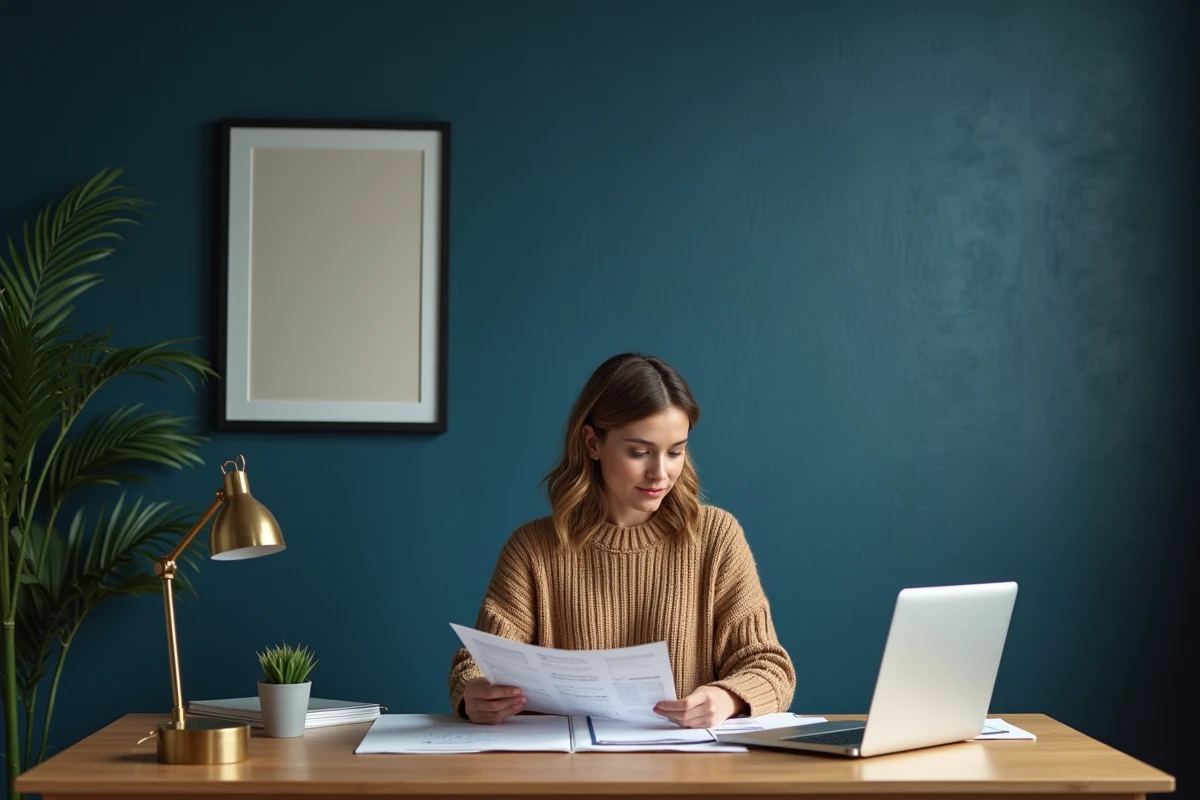 Bureau à domicile contemporain avec papier peint bleu nuit texture lin, femme travaillant à un bureau en chêne avec accessoires en laiton