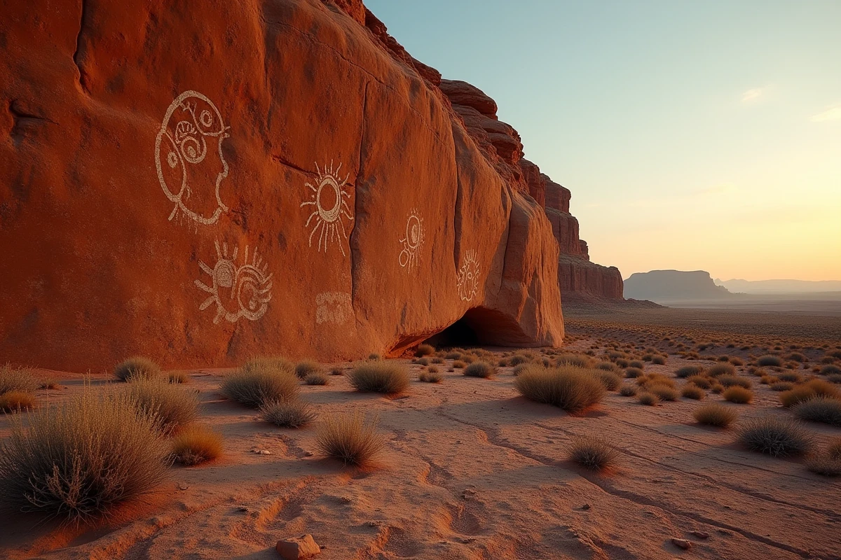 Pétroglyphes solaires anciens gravés sur une formation rocheuse en grès rouge dans un paysage désertique, représentant les symboles du soleil des cultures indigènes à travers les âges
