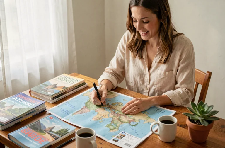 Femme planifiant ses vacances avec une carte et des guides de voyage sur une table en bois