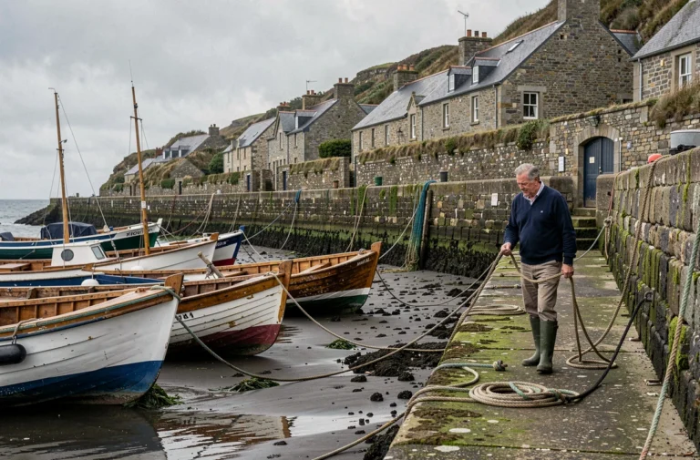Port de Ploubazlanec à marée basse avec bateaux de pêche bretons et maisons en granit traditionnel