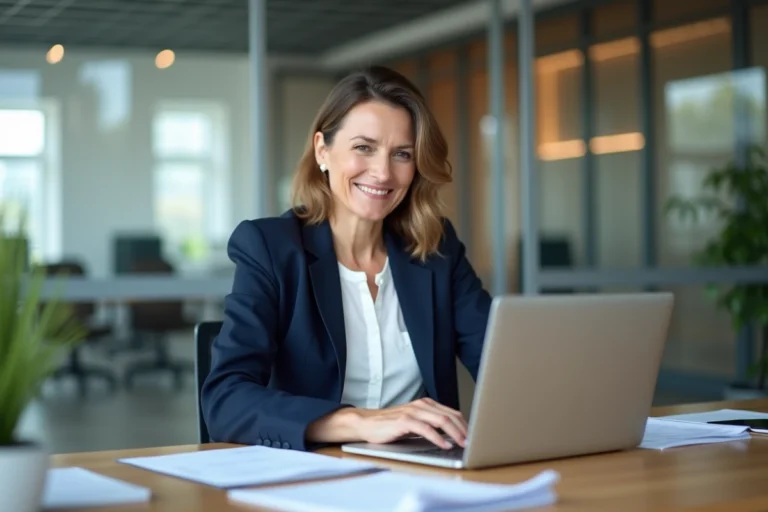 Femme professionnelle en blazer marine consultant des documents d'assurance sur ordinateur portable dans un bureau moderne