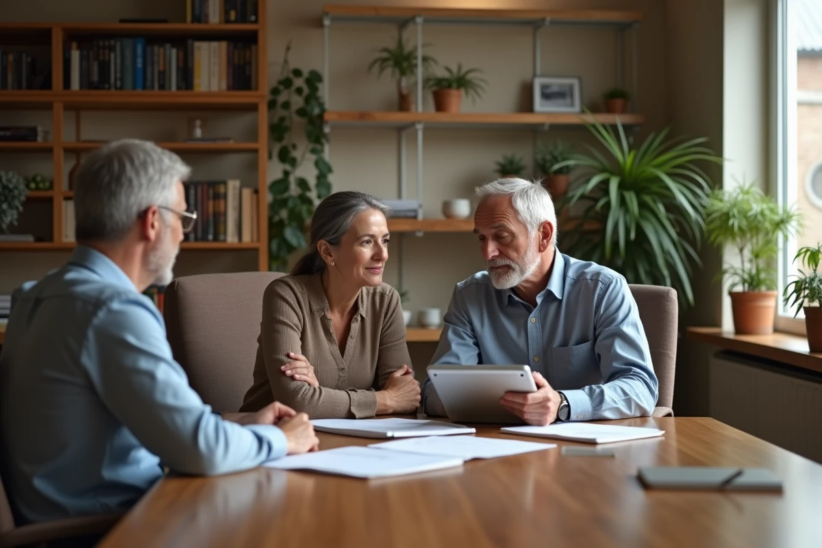 Couple en réunion avec un conseiller en prévoyance autour d'une table de conférence dans un cabinet financier