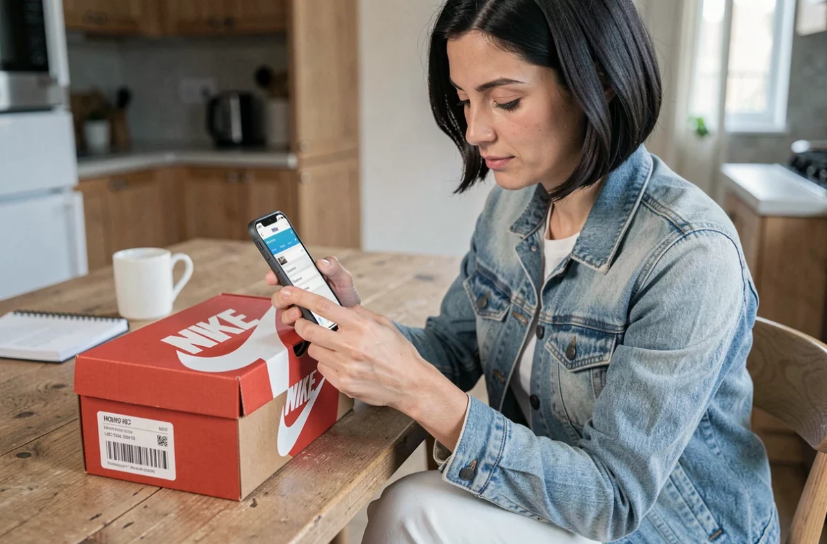 Femme scannant le code-barres UPC d'une boîte de Nike avec son smartphone pour vérifier l'authenticité
