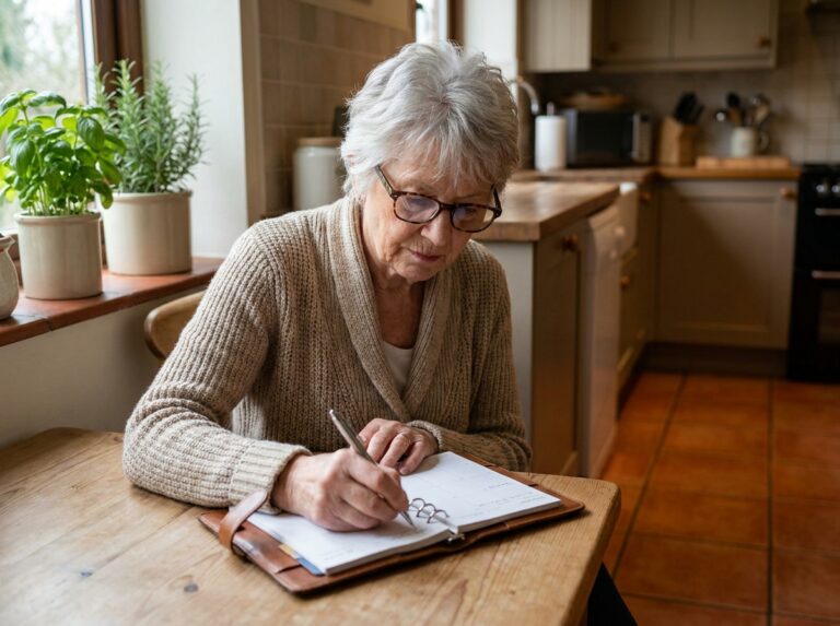 Femme âgée autonome écrivant dans son agenda à la table de sa cuisine, illustrant l'indépendance des seniors à domicile