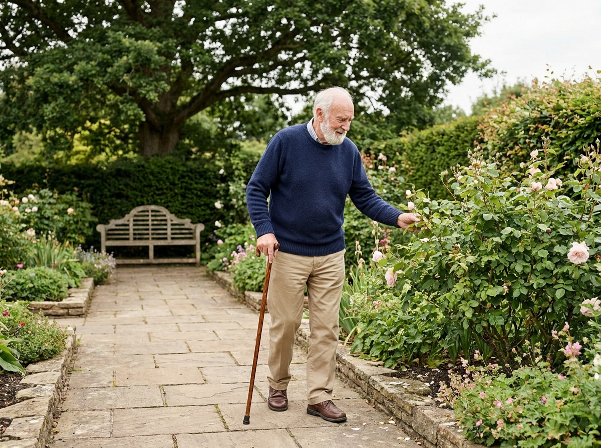 Homme senior se promenant seul dans son jardin avec une canne, symbole d'autonomie préservée et de cadre de vie rassurant