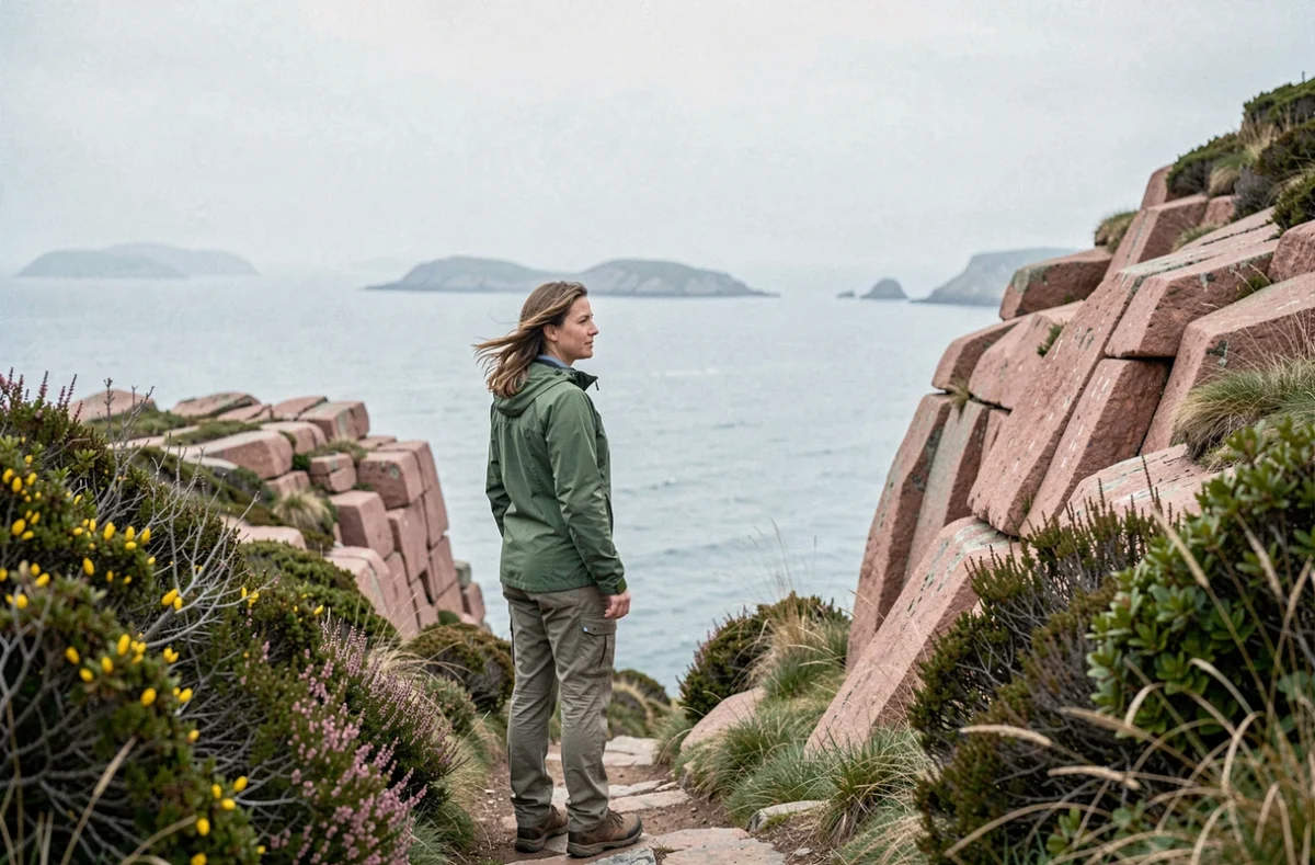 Randonneuse sur le sentier côtier de Ploubazlanec face à l'estuaire du Trieux en Bretagne