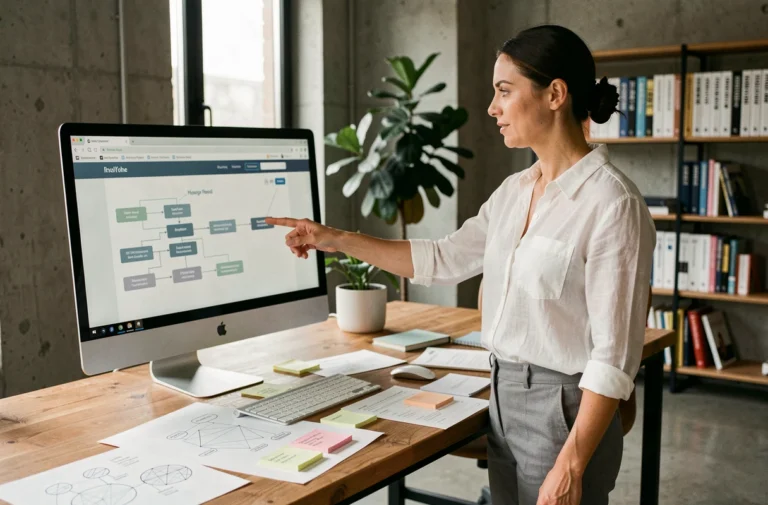 Femme professionnelle analysant la structure d'un site web sur un écran dans un bureau moderne