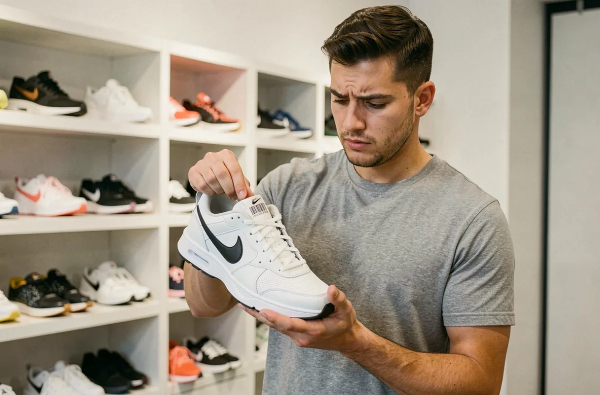 Homme vérifiant le code UPC sur l'étiquette d'une basket Nike dans un magasin de chaussures