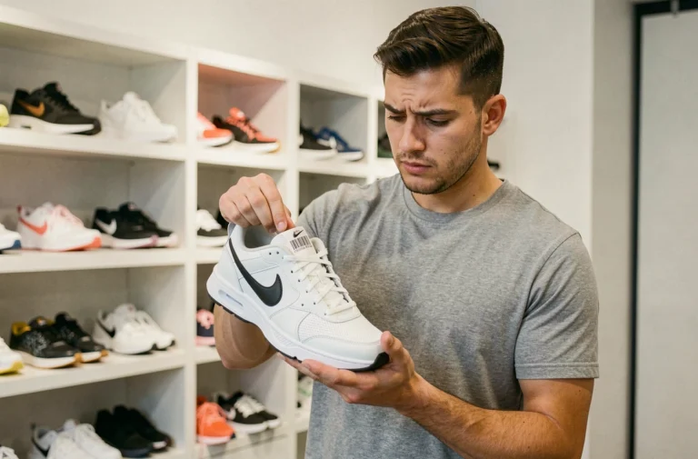 Homme vérifiant le code UPC sur l'étiquette d'une basket Nike dans un magasin de chaussures