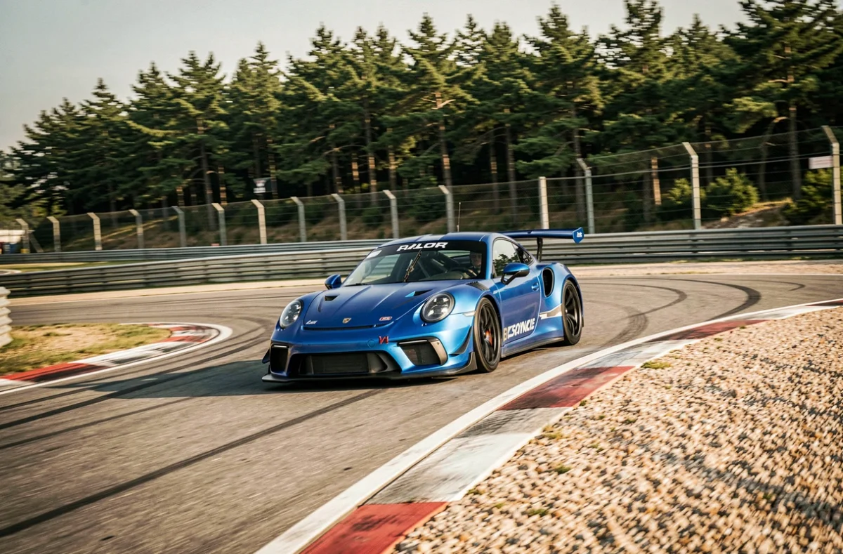 Voiture de course bleue en pleine accélération sur un circuit automobile lors d'une expérience de pilotage cadeau